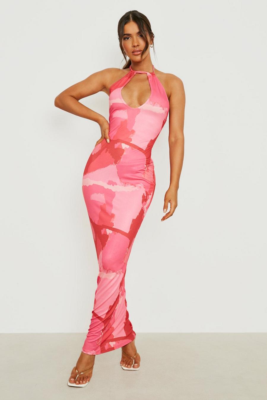Pink Marble Cut Out Front High Neck Maxi Dress image number 1