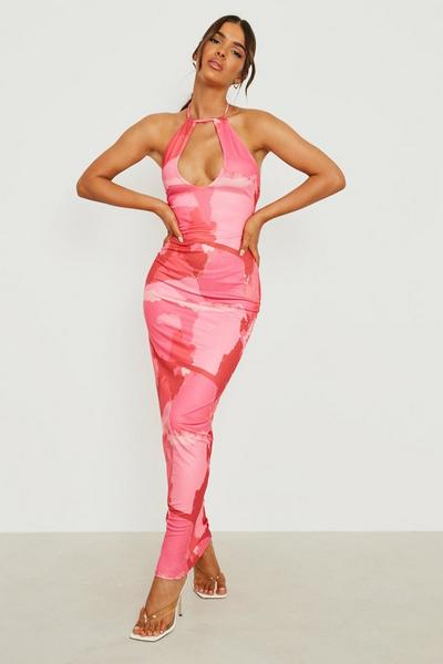 boohoo pink Marble Cut Out Front High Neck Maxi Dress