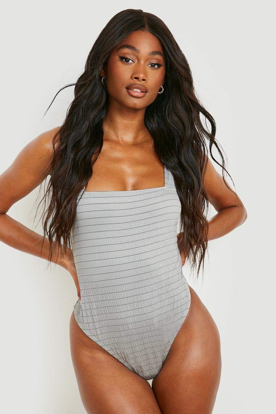Grey Wide Textured Rib Square Neck Swimsuit image number 1
