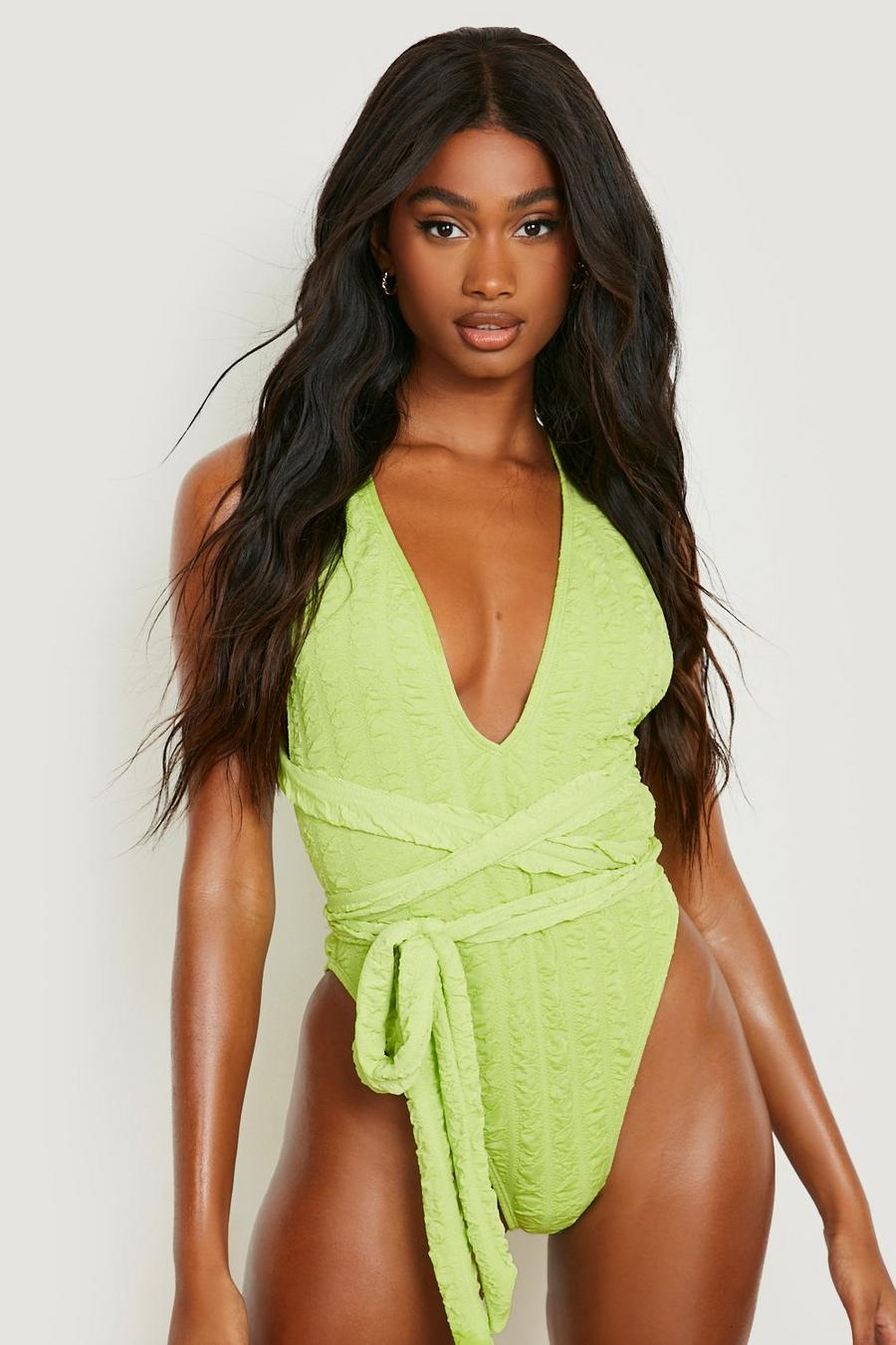 Lime Textured Stripe Plunge Wrap Waist Swimsuit image number 1