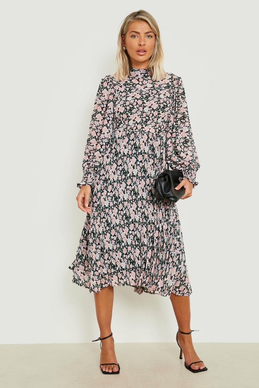 Women's Floral Shirred High Neck Pleated Midi Dress | Boohoo UK