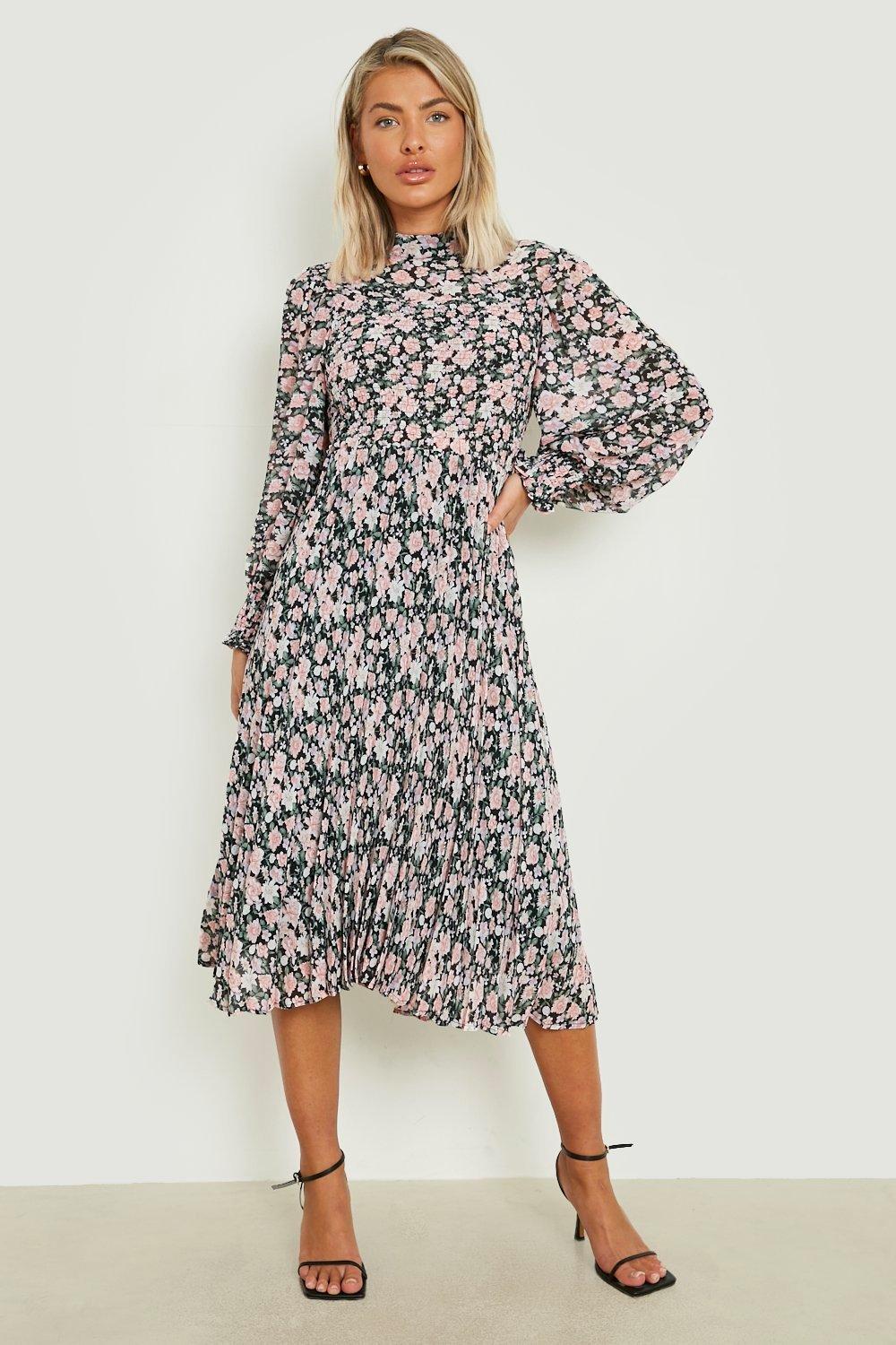 Women's Floral Shirred High Neck Pleated Midi Dress | Boohoo UK