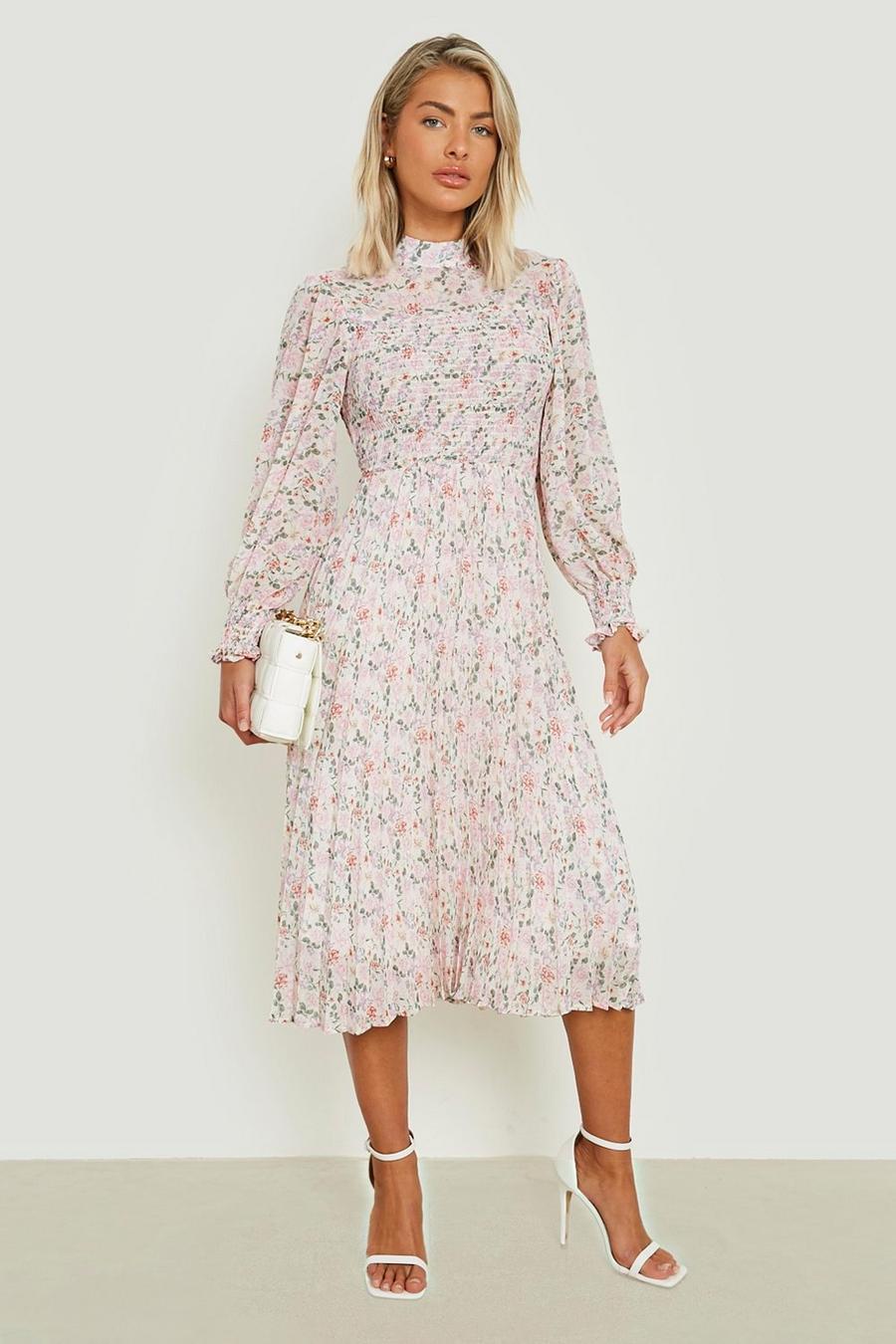 White Floral Shirred High Neck Pleated Midi Dress