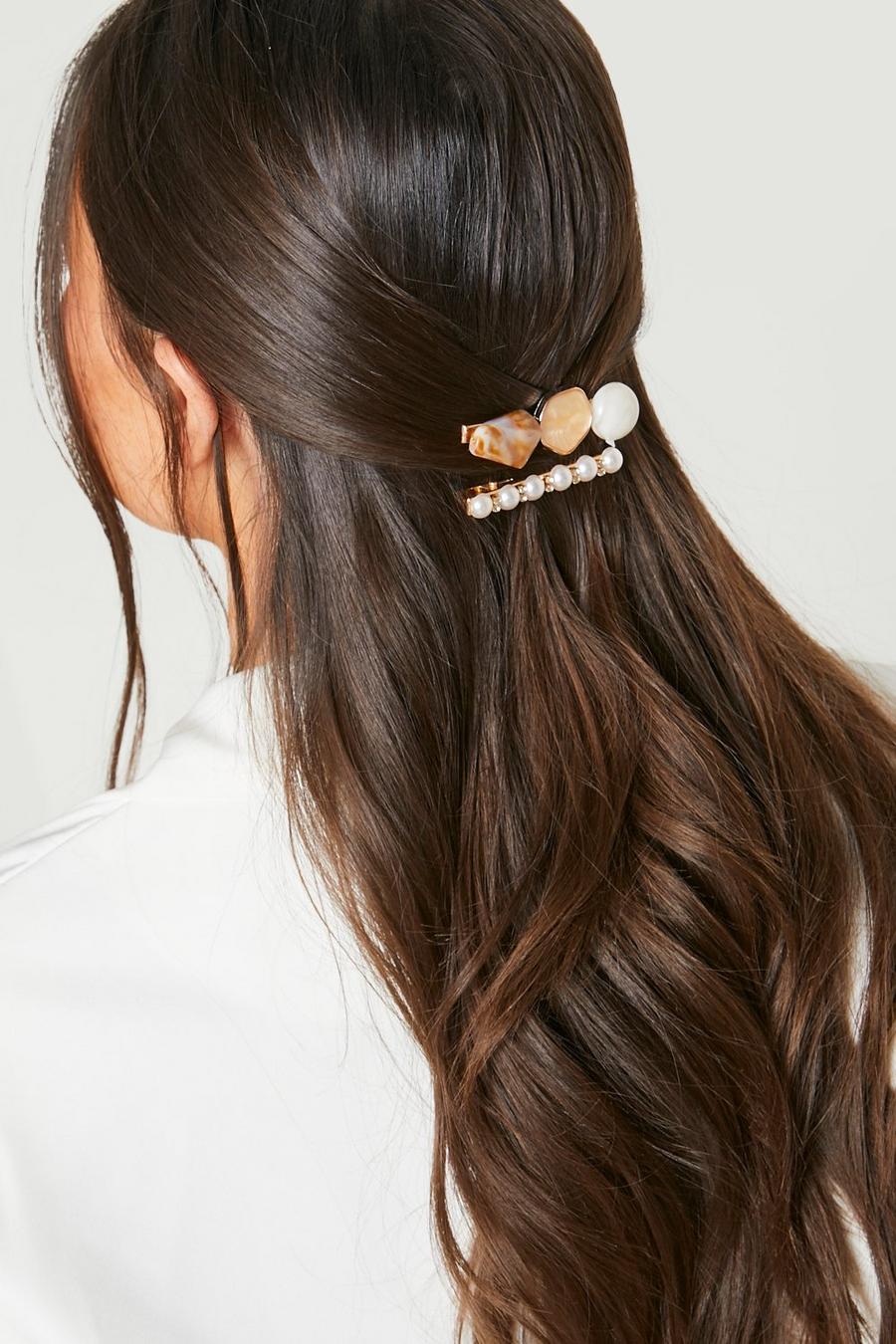 Cream Pearl And Stone 2 Pack Hair Slides image number 1