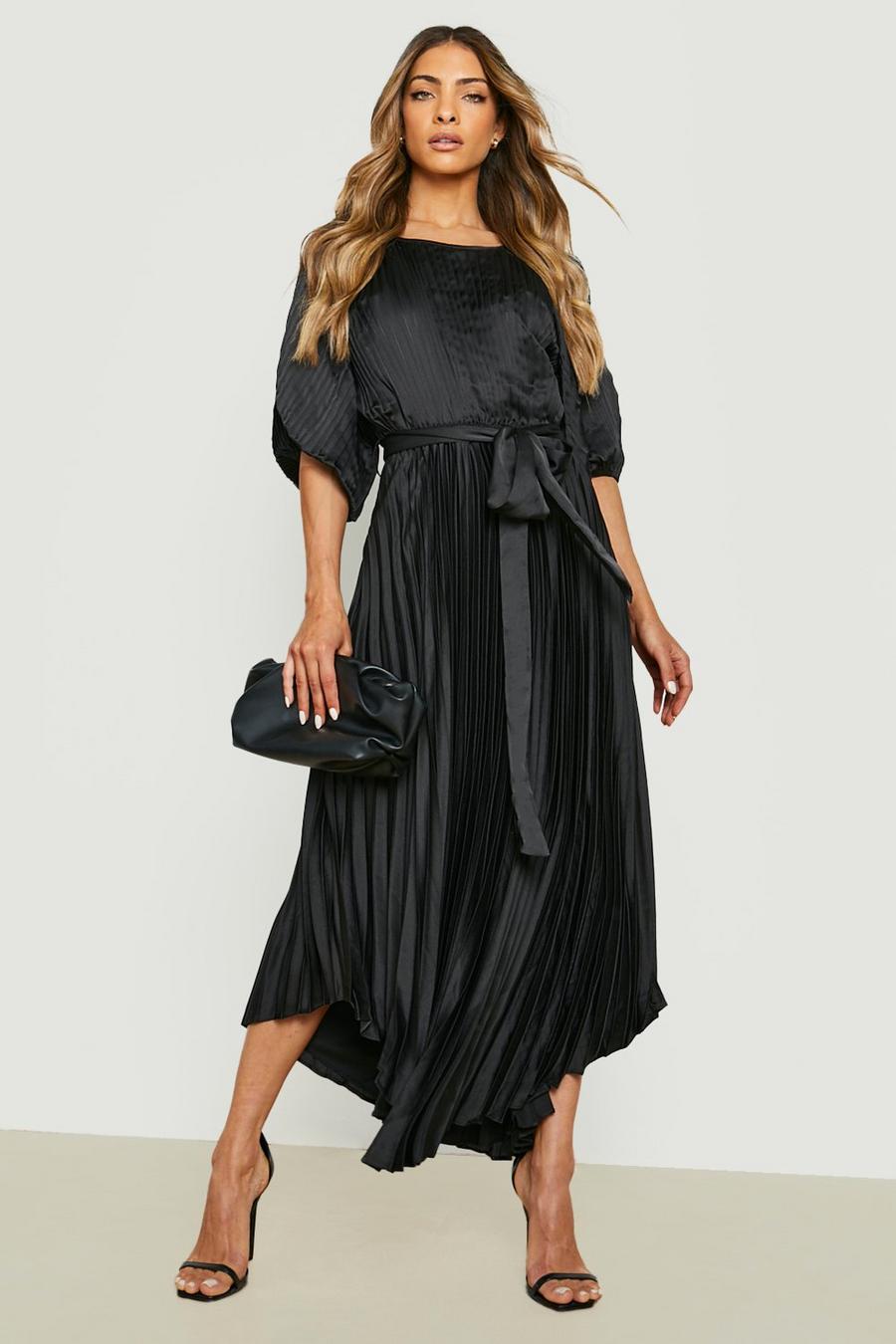 Black Satin Pleated Puff Sleeve Midi Dress  image number 1