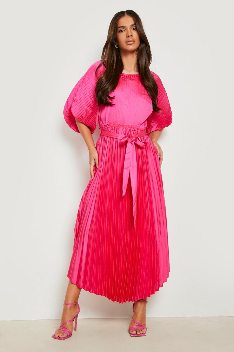 Vestido midi de raso plisado con mangas abullonadas, Hot pink image number 1
