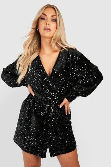 Plus Fluwelen Glitter Wikkel Jurk Met Pailletten black