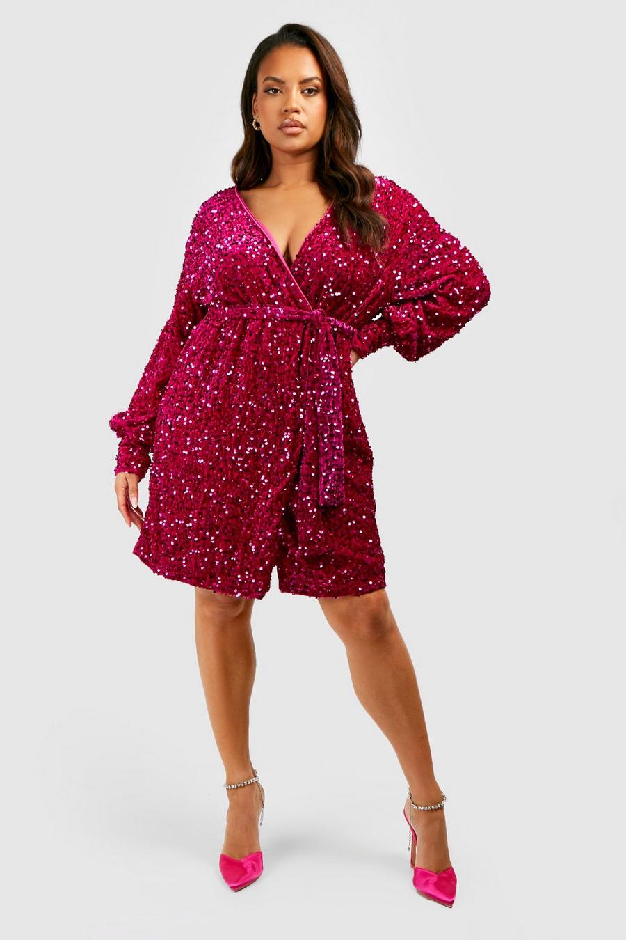 Raspberry Plus Velvet Sequin Wrap Dress