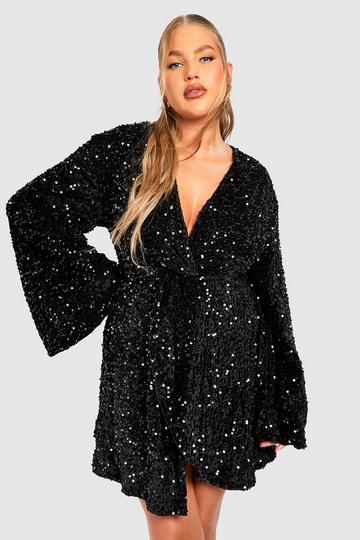 Plus Gedraaide Fluwelen Glitter Jurk Met Pailletten black