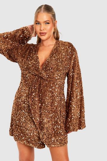 Chocolate Brown Plus Sequin Velvet Twist Front Dress