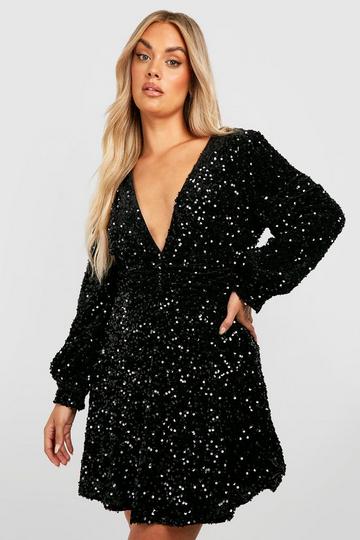 Black Plus Sequin Ruched Waist Skater Dress