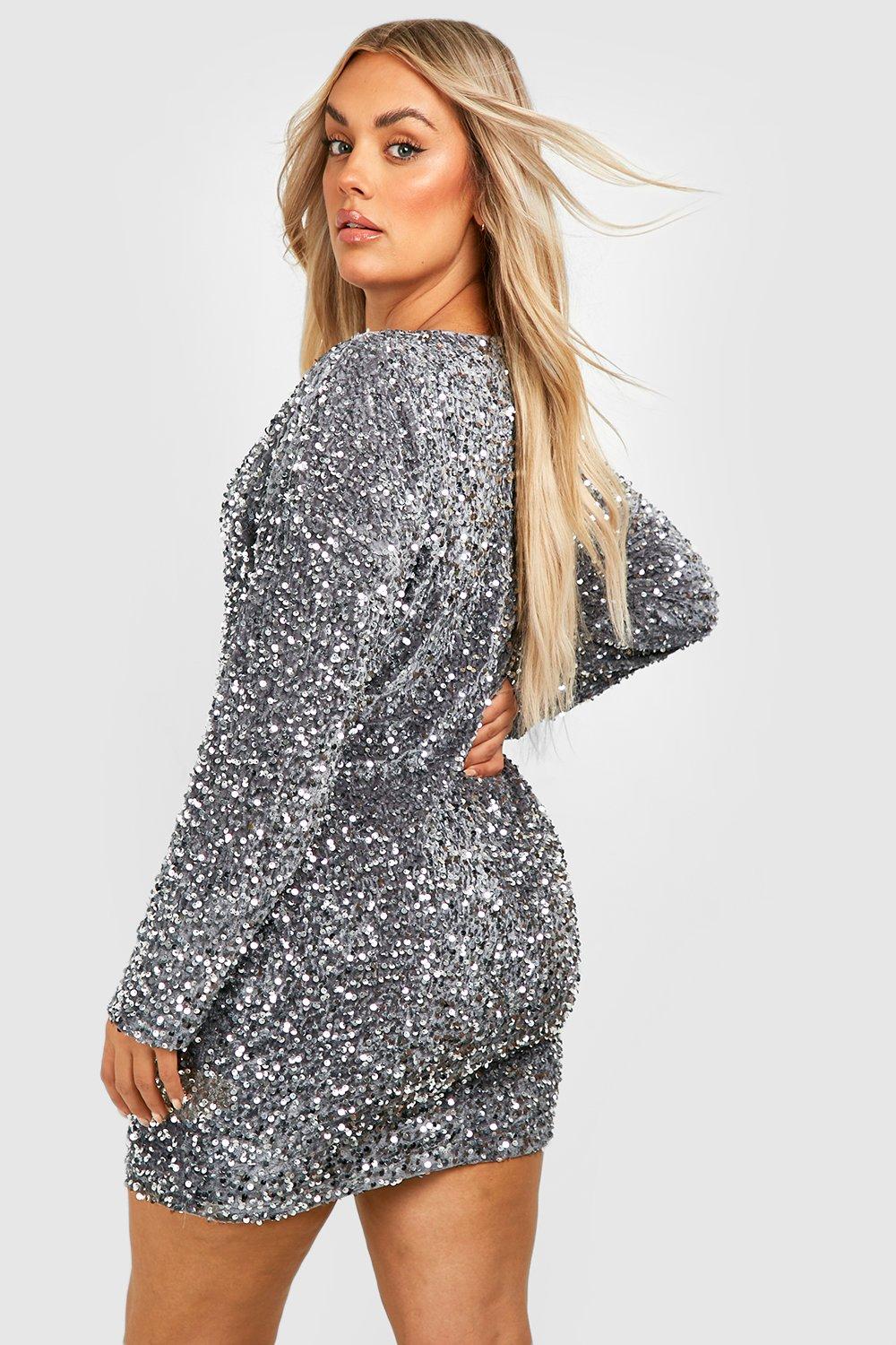 SheIn Curve Silver Sequin Long Sleeve Mini Dress Plus Size 2XL Gray - $32 -  From Tinnie