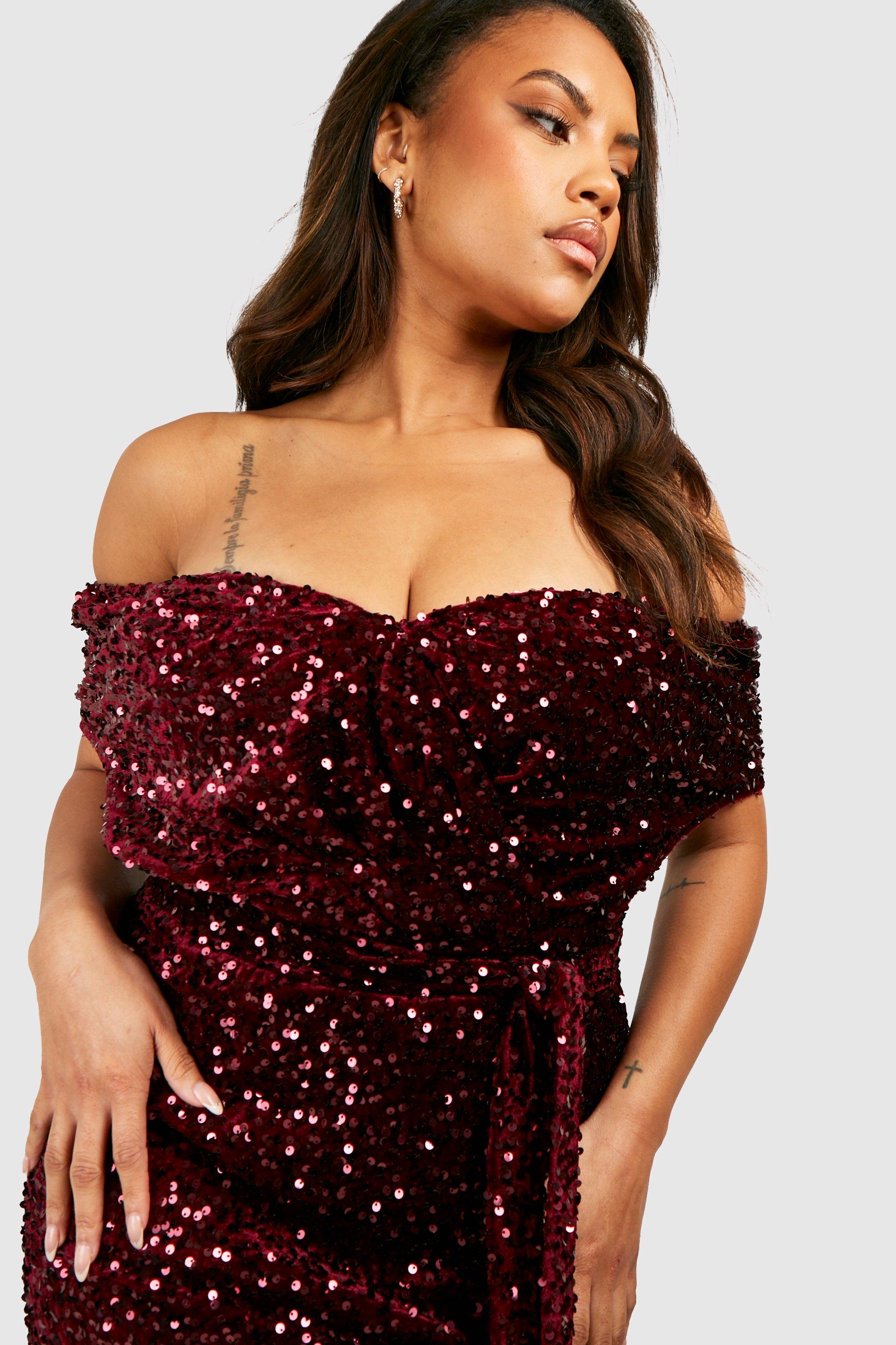 Plus Sequin Off The Shoulder Wrap Midi Dress