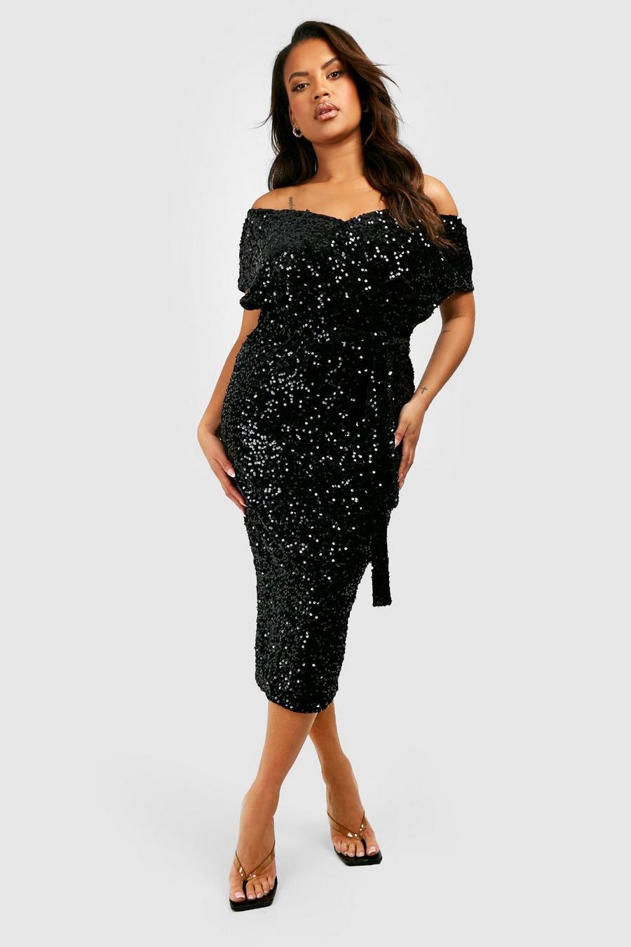 Black Plus Sequin Off The Shoulder Wrap Midi Dress