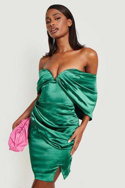 boohoo emerald Satin Sweetheart Neck Drape Bardot Mini Dress