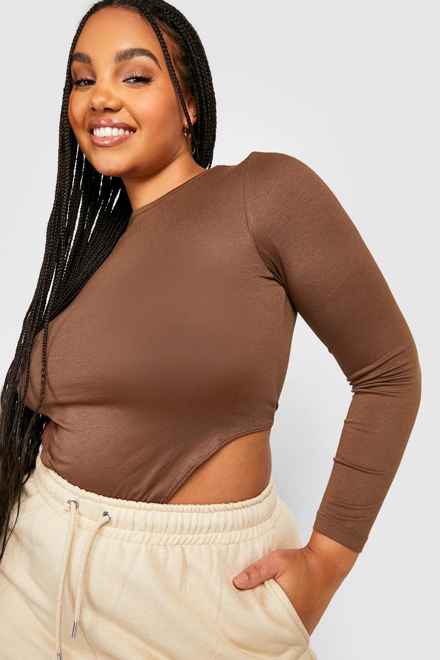 Chocolate brown Plus Round Neck Long Sleeve Top