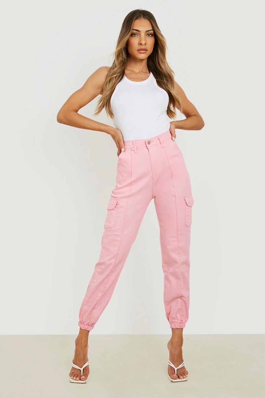 Baby pink Casual Pocket Side Woven Cargo Trousers image number 1