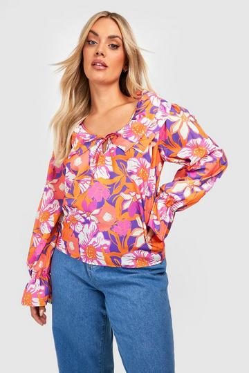 Plus Floral Ruffle Blouse orange