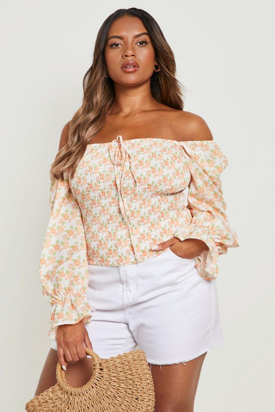 12 Boohoo Women Clothing Tops Wrap tops Womens Plus Floral Ruched Milkmaid Top 