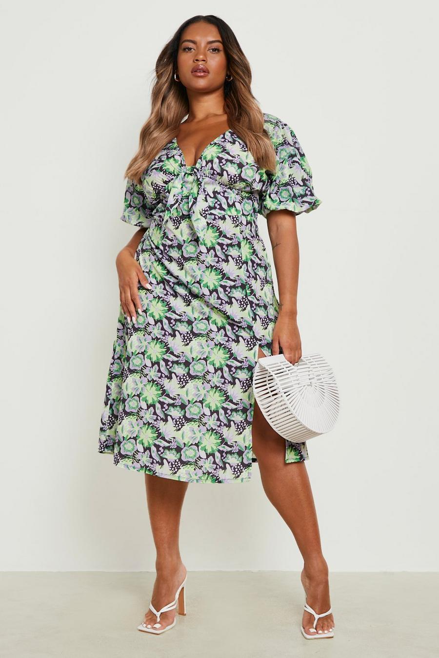 Green Plus Floral Tie Front Midi Dress image number 1