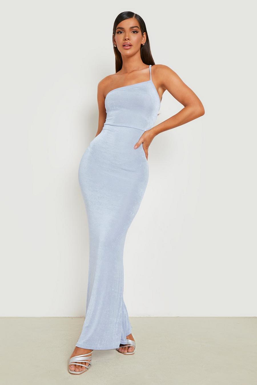 Light blue Textured Slinky One Shoulder Bridesmaid Dress image number 1
