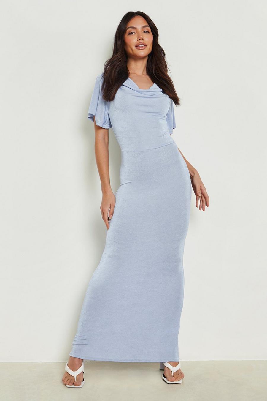 Light blue Textured Slinky Drape Neck Bridesmaid Dress image number 1