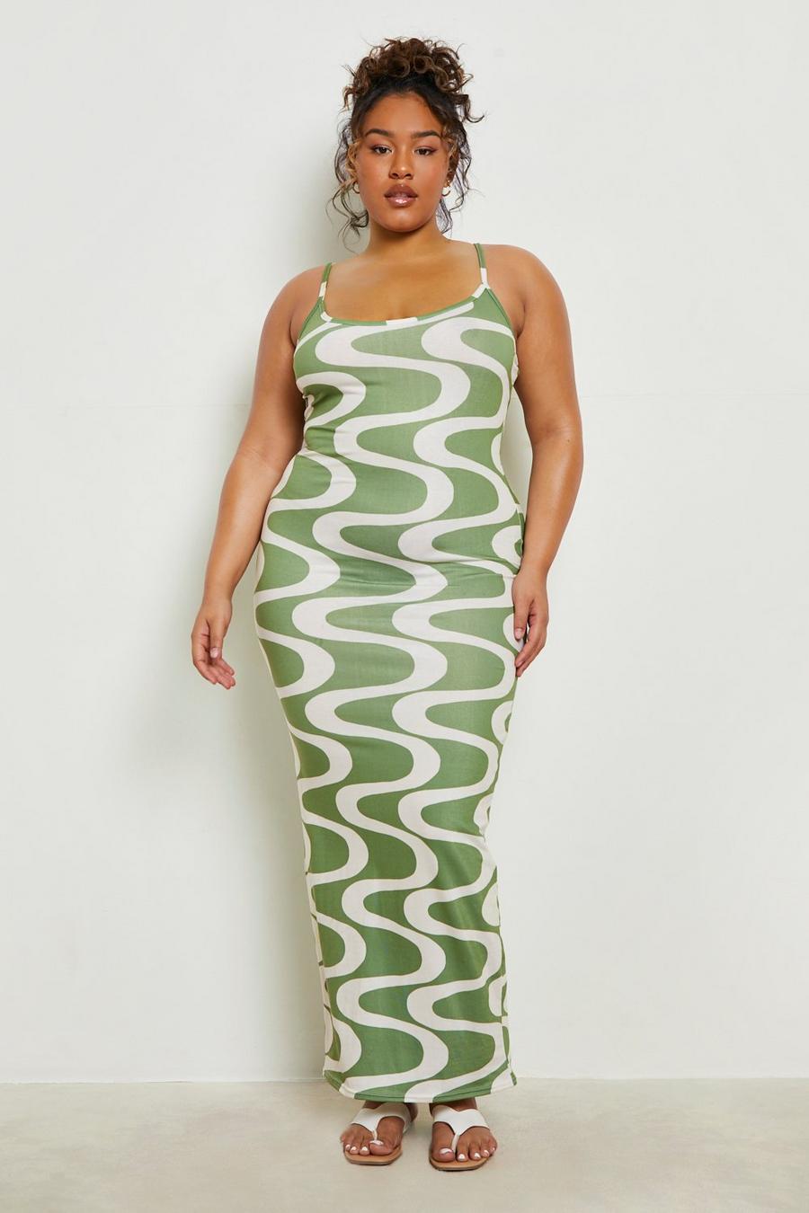 Green olive Plus Wave Print Maxi Dress