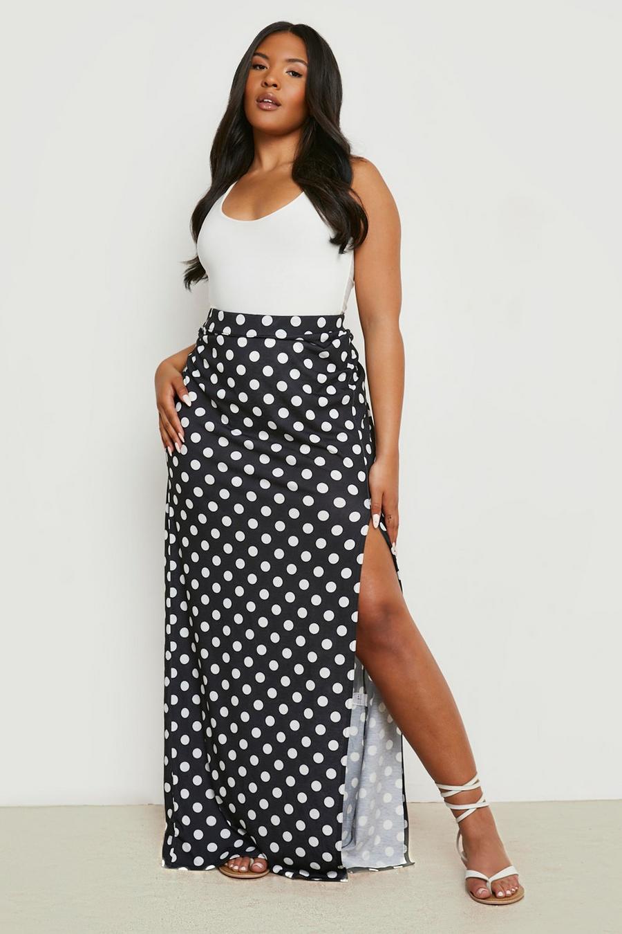 Black Plus Jersey Polka Dot Split Maxi Skirt image number 1