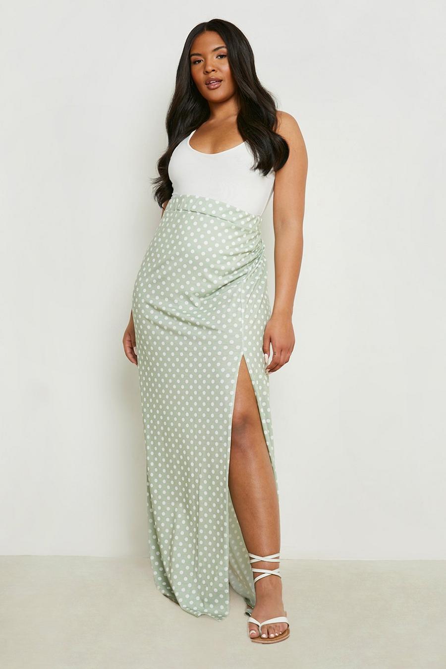 Gonna maxi Plus Size in jersey a pois con spacco, Sage image number 1