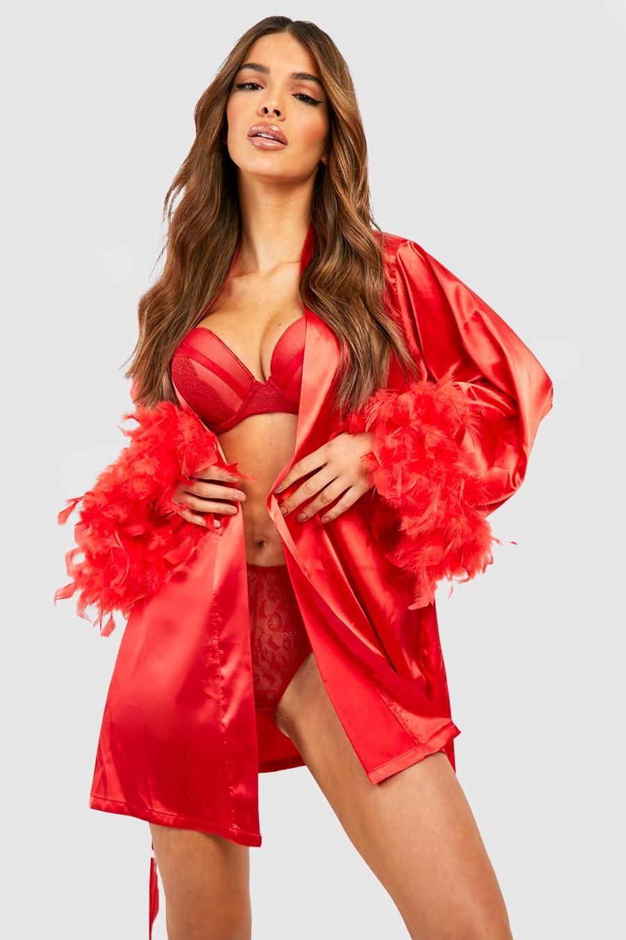 Red rosso Premium Feather Trim Satin Robe