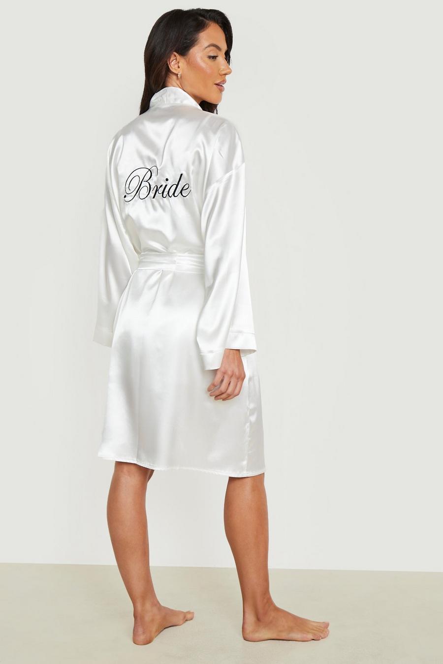 Conjunto de bata y camisola de raso con bordado Bride, White blanco
