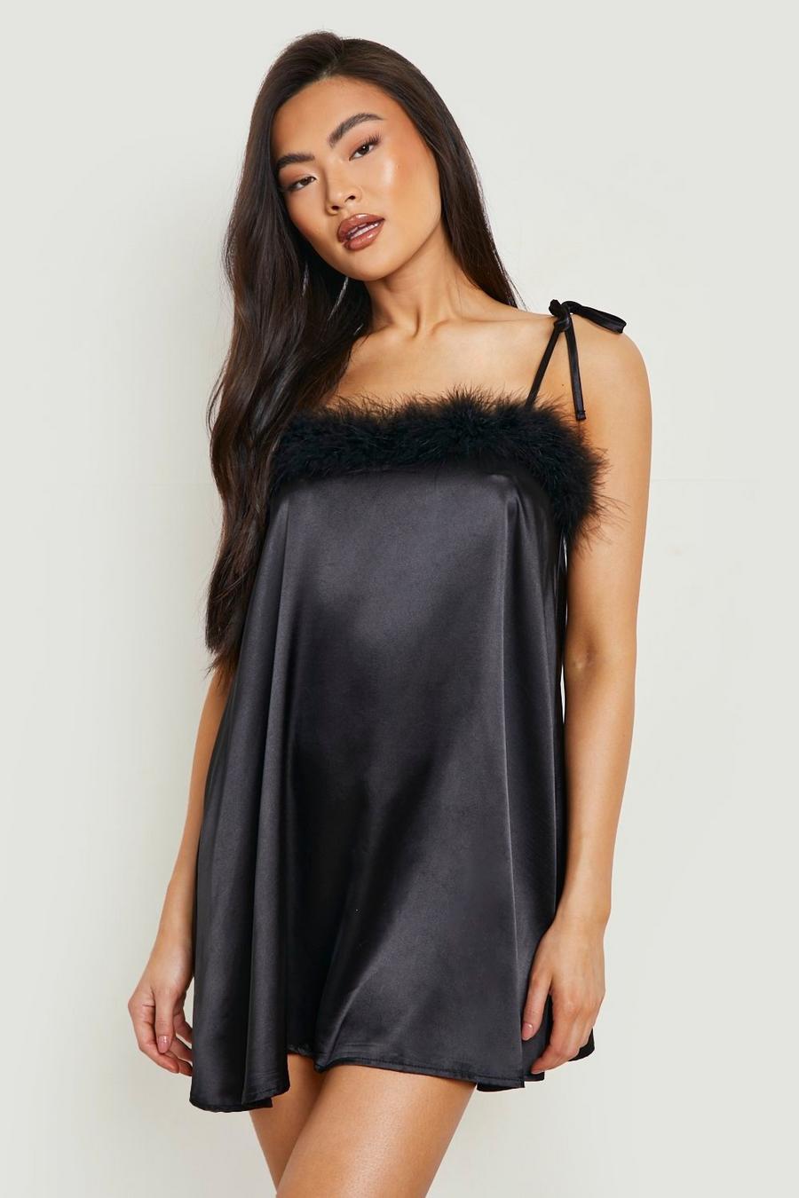 Black svart Premium Feather Slip Night Dress 