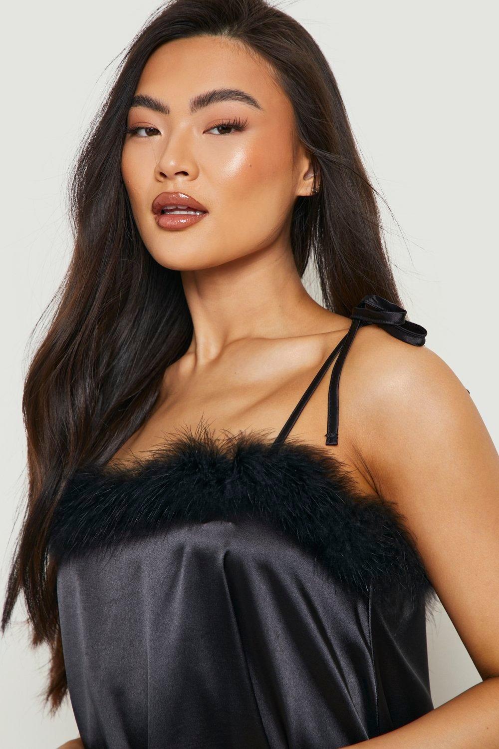 Feather Trim Satin Nighty Slip Dress