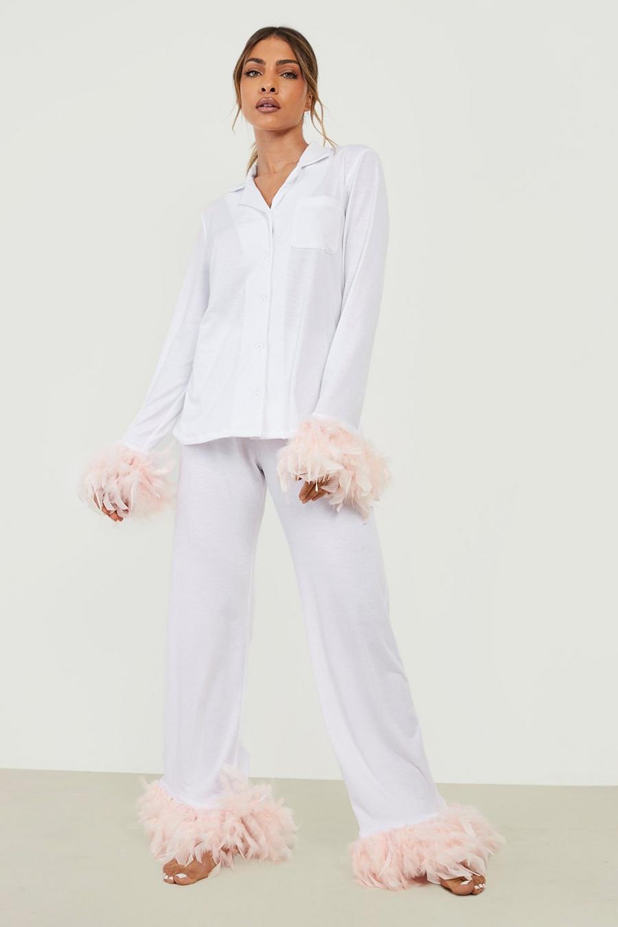 Pijama Premium de pantalón largo y camisa de tela jersey con plumas, White bianco