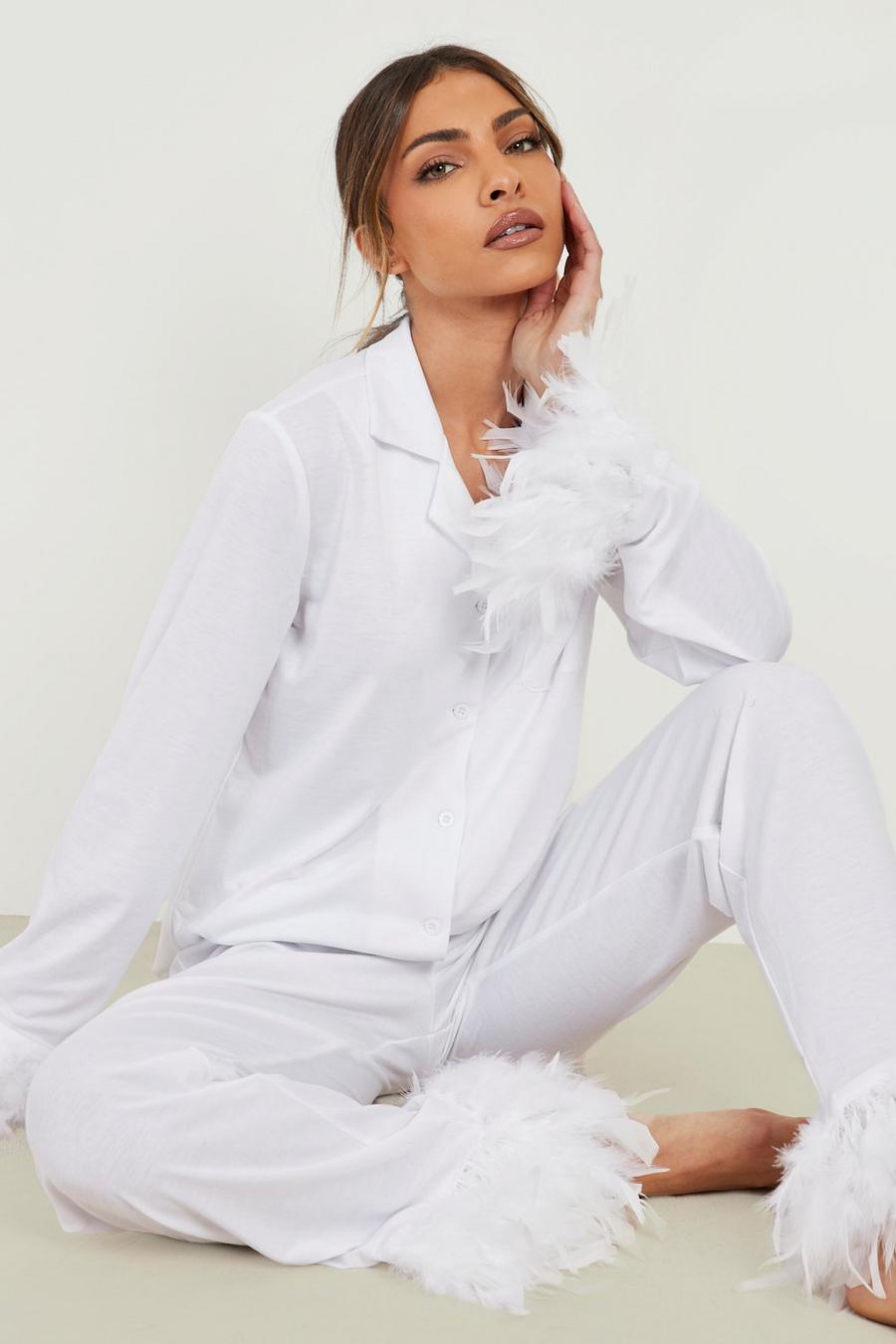 White Premium Feather Jersey Pj Shirt & Trouser  image number 1