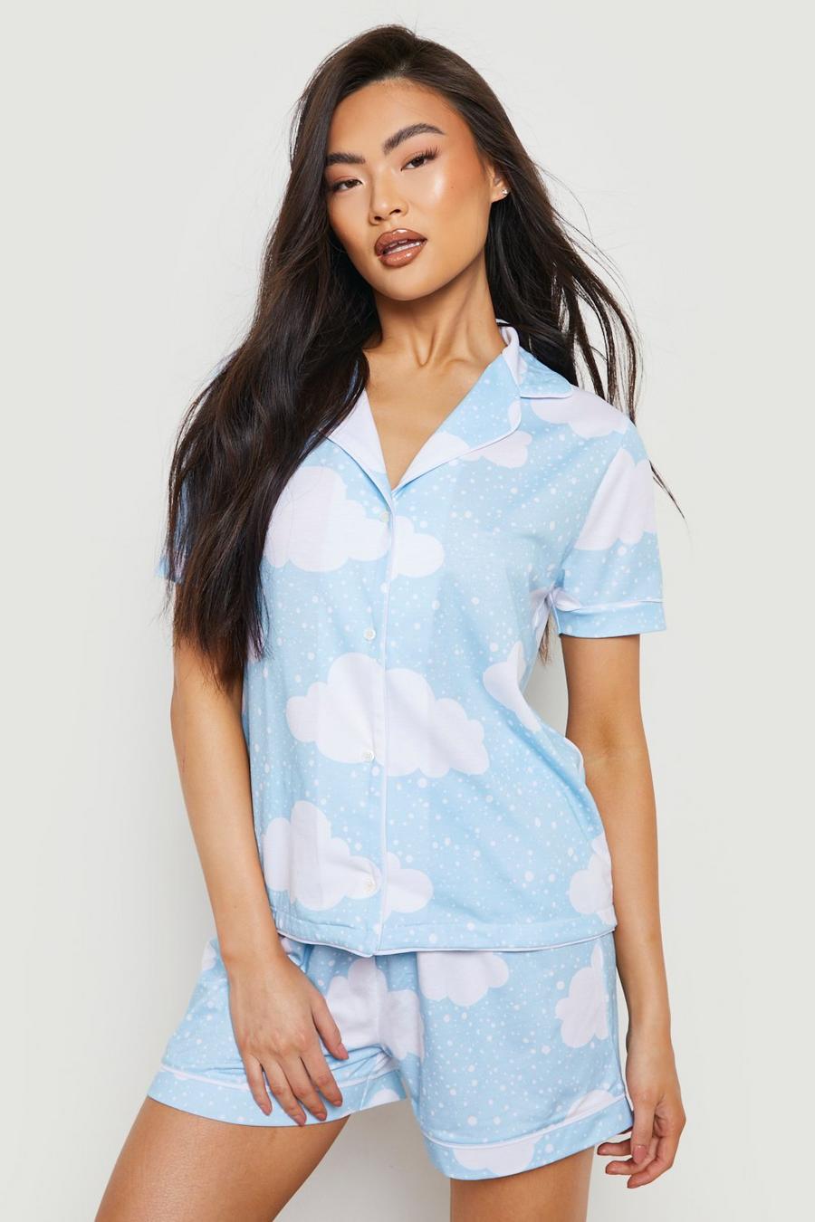 Pijama de pantalón corto y camisa con estampado de nubes, Baby blue azzurro