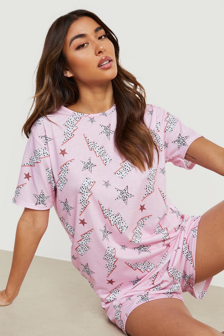 Pijama de pantalón corto con estampado de relámpago, Baby pink