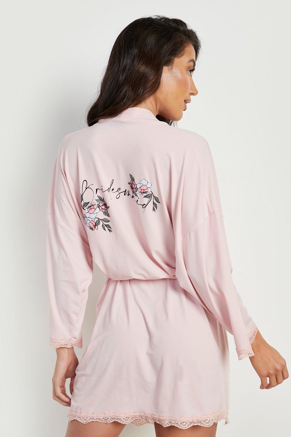 Womens Clothing Nightwear and sleepwear Robes Pink robe dresses and bathrobes Boohoo Bride Squad Floral Lace Trim Robe in Blush 