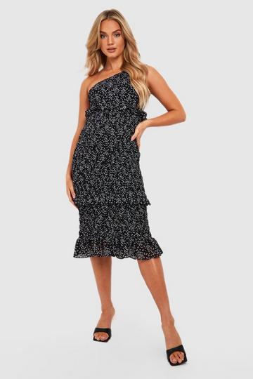 Black Maternity One Shoulder Shirred Midi Dress