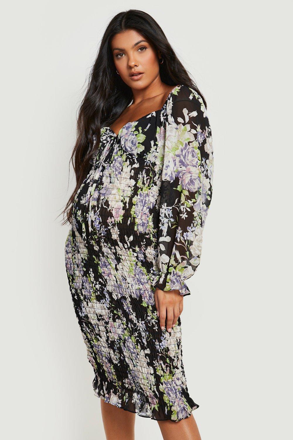 Maternity Floral Shirred Midi Dress boohoo