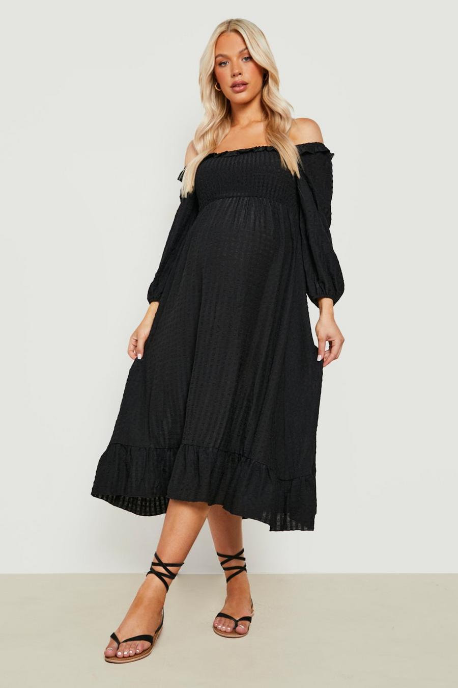 Black Maternity Shirred Frill Smock Midi Dress image number 1