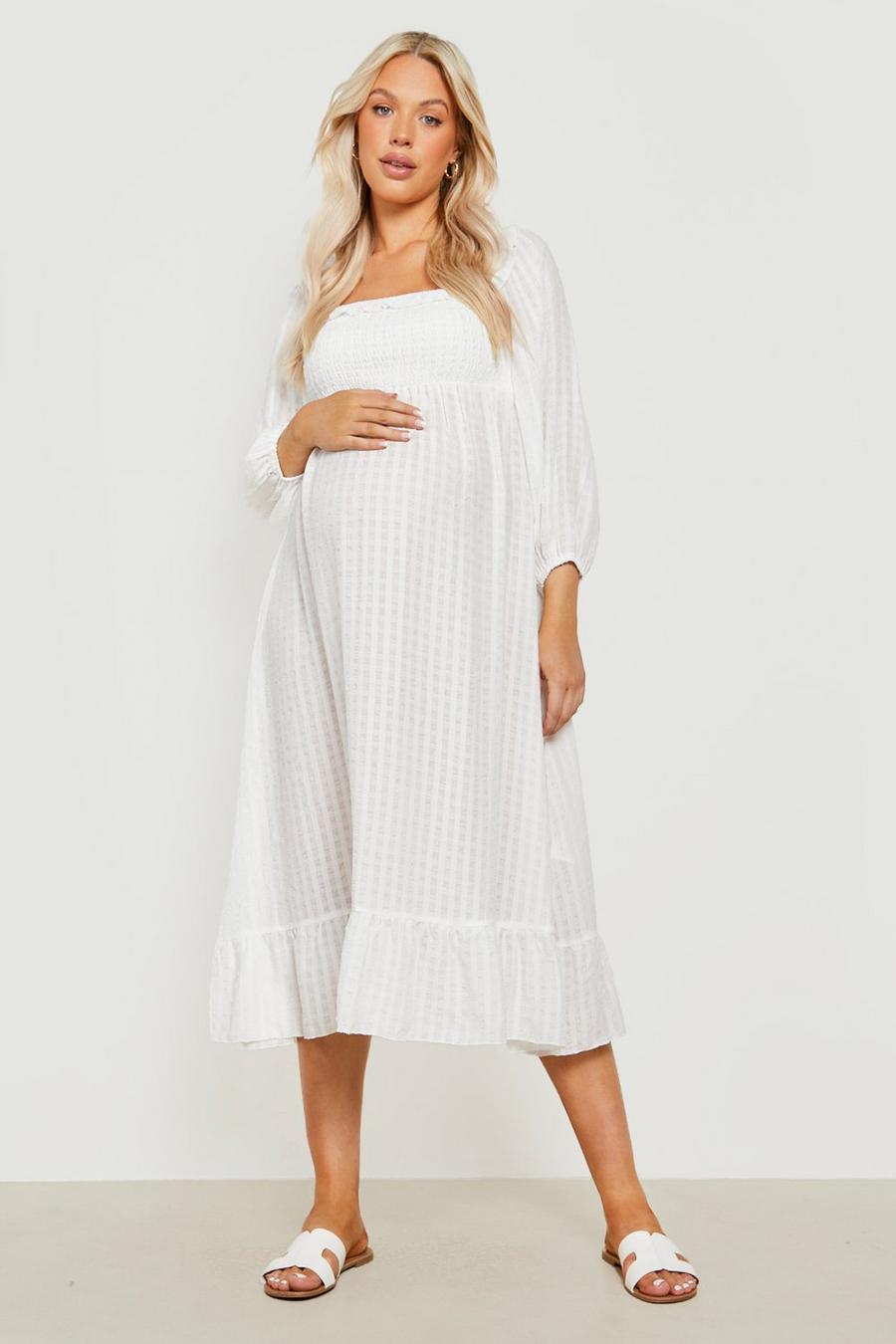 Ivory white Maternity Shirred Frill Smock Midaxi Dress