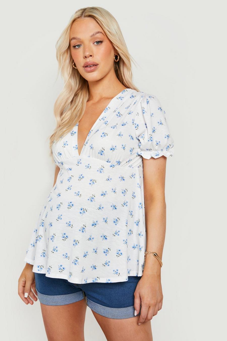 Blue Maternity Puff Sleeve Smock Top