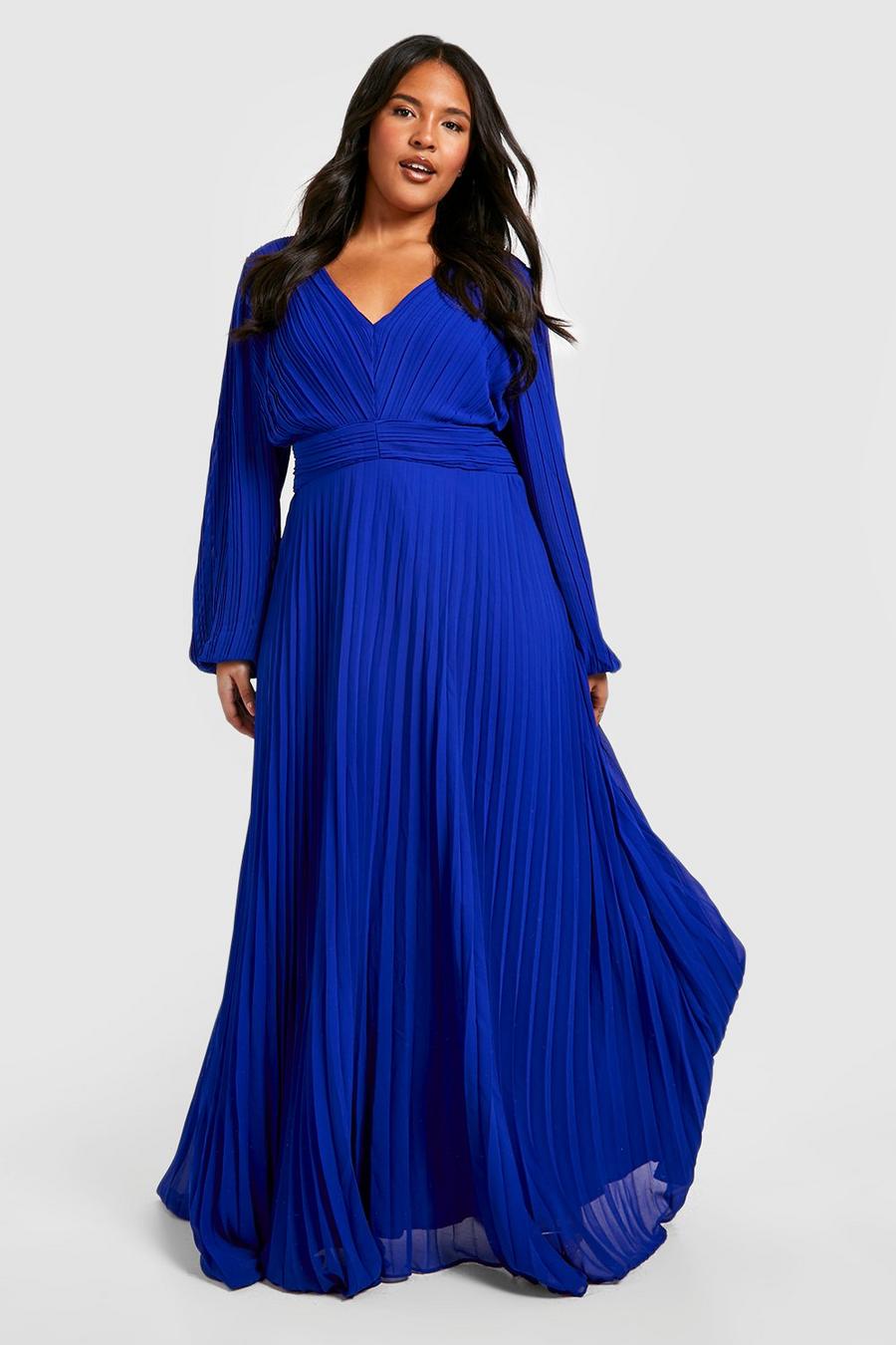 Cobalt blue  Plus Pleated Chiffon Plunge Maxi Dress
