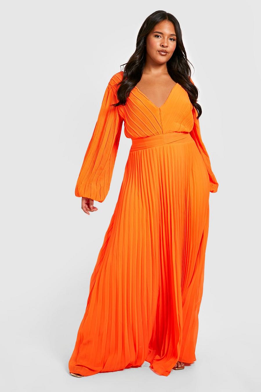Orange  Plus Pleated Chiffon Plunge Maxi Dress