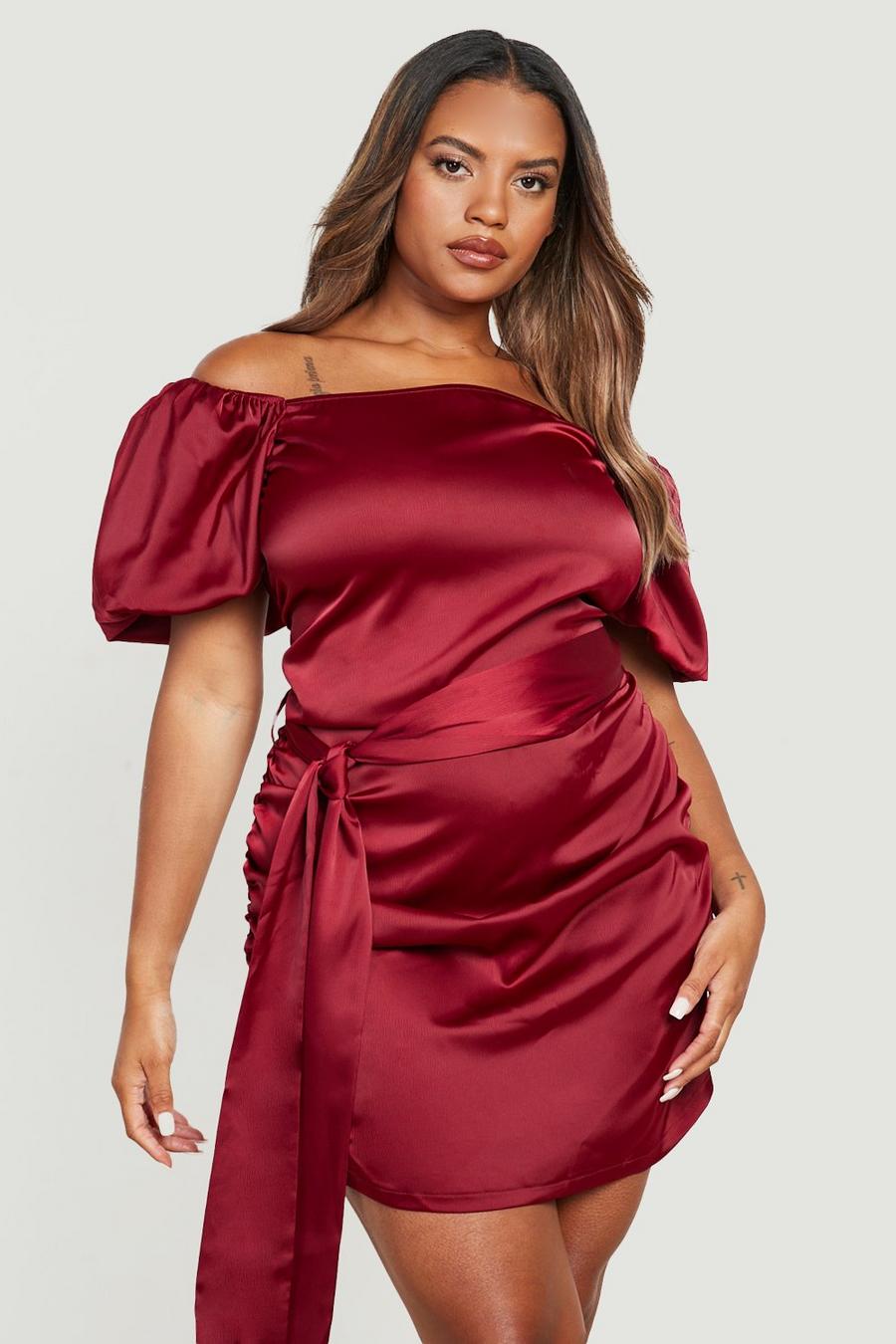 Berry Plus Puff Sleeve Satin Ruched Detail Dress image number 1
