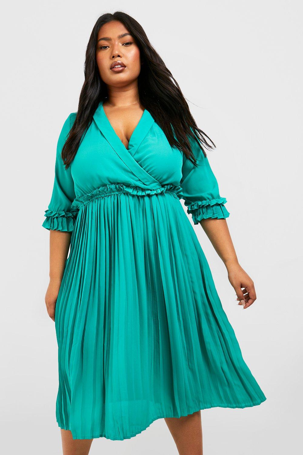 Plus Woven Pleated Ruffle Midi Skater Dress boohoo UK