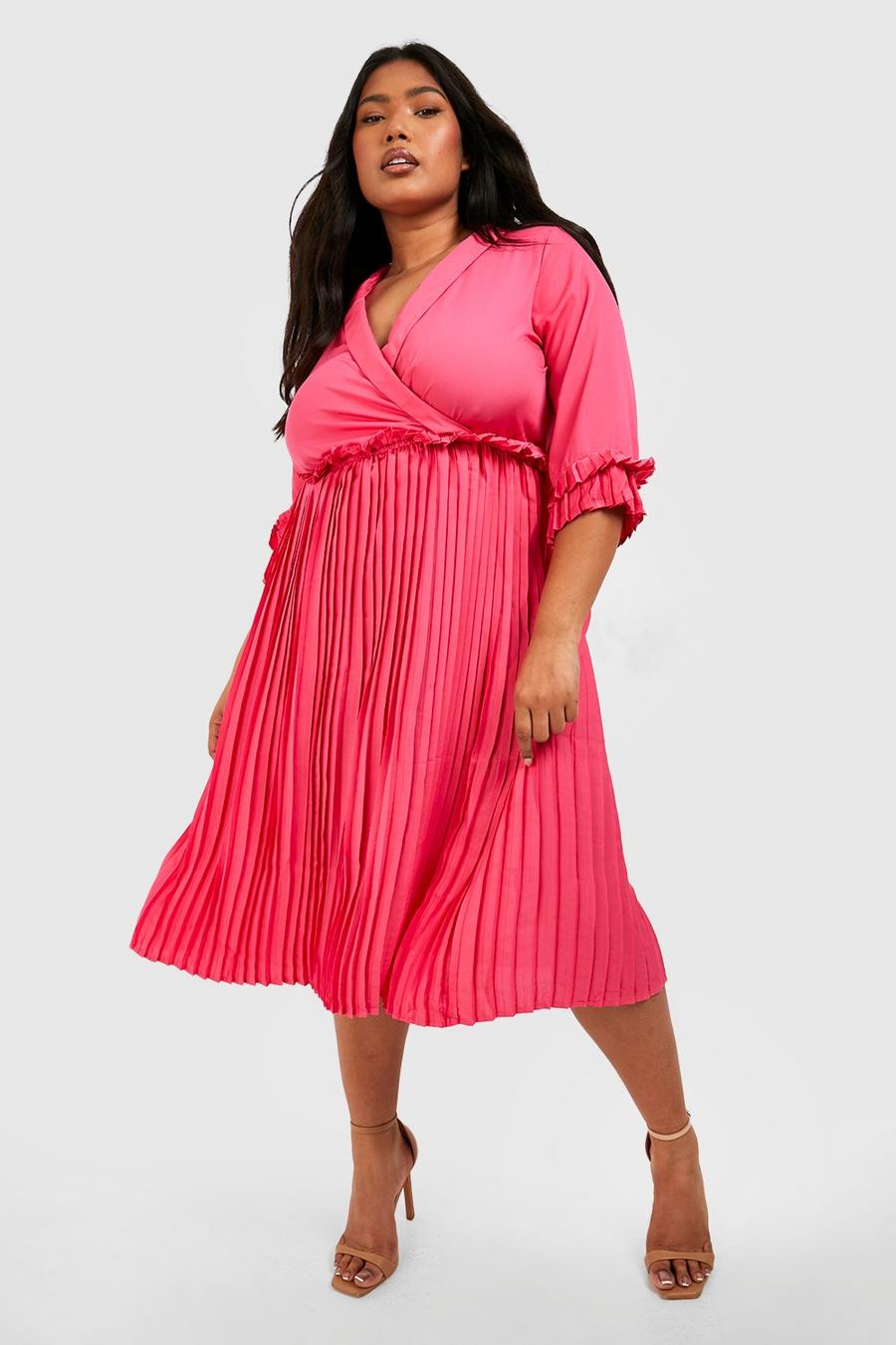 Magenta pink Plus Woven Pleated Ruffle Midi Skater Dress image number 1