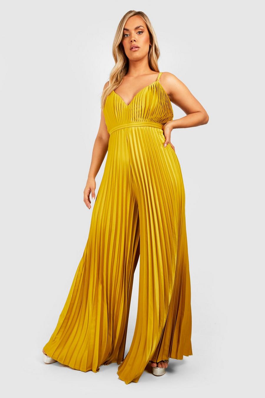 Chartreuse yellow Plus Pleated Satin Strappy Wide Leg Jumpsuit