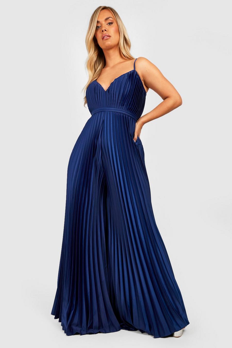 Navy Plus Pleated Satin Strappy Wide Leg Jumpsuit image number 1